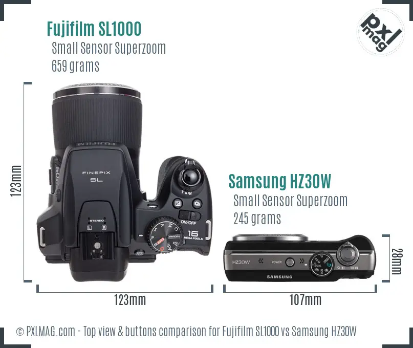Fujifilm SL1000 vs Samsung HZ30W top view buttons comparison Fujifilm SL1000 vs Samsung HZ30W top view buttons comparison