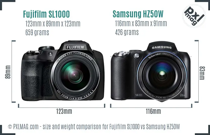 Fujifilm SL1000 vs Samsung HZ50W size comparison