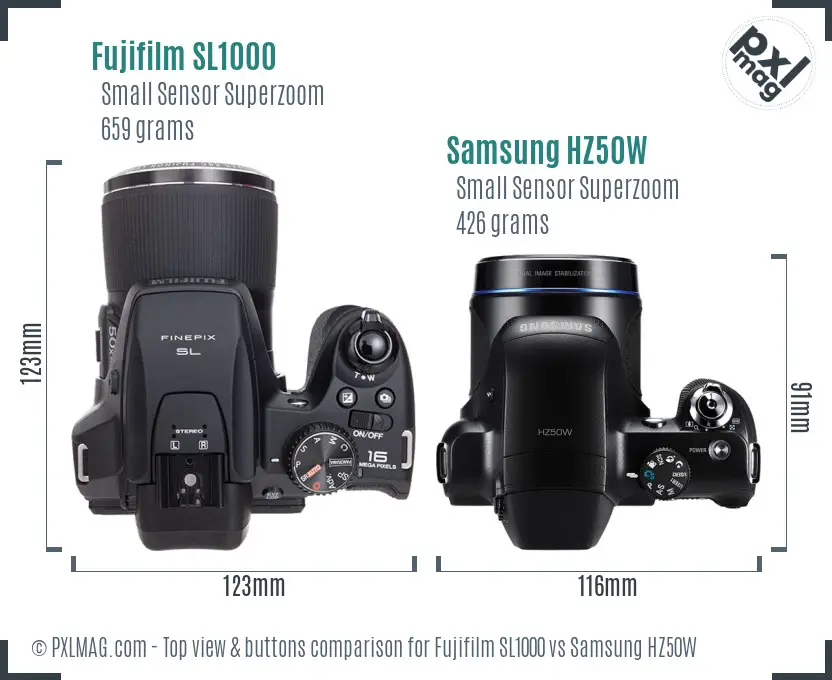 Fujifilm SL1000 vs Samsung HZ50W top view buttons comparison