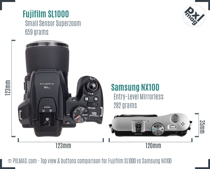 Fujifilm SL1000 vs Samsung NX100 top view buttons comparison