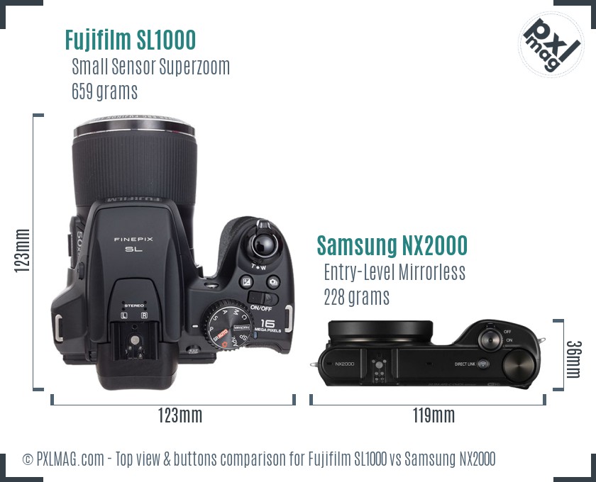Fujifilm SL1000 vs Samsung NX2000 top view buttons comparison