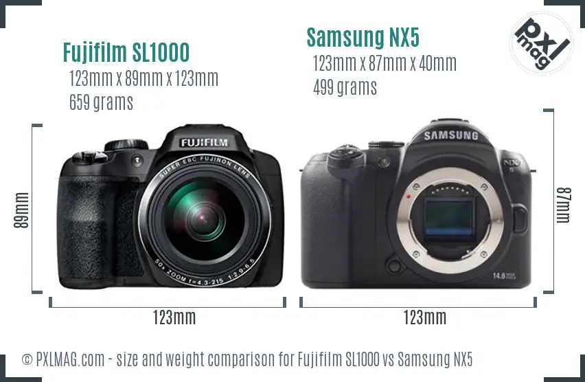 Fujifilm SL1000 vs Samsung NX5 size comparison