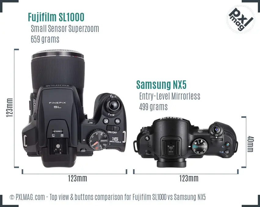 Fujifilm SL1000 vs Samsung NX5 top view buttons comparison