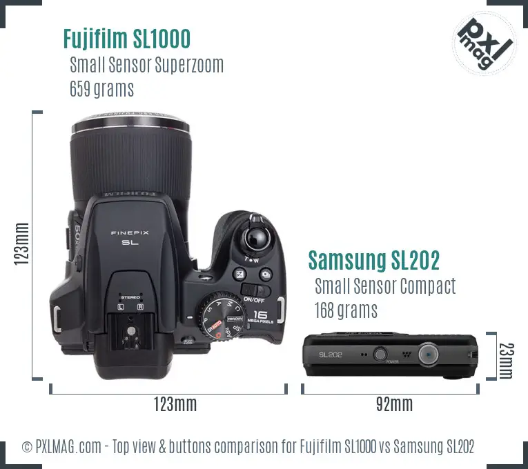 Fujifilm SL1000 vs Samsung SL202 top view buttons comparison Fujifilm SL1000 vs Samsung SL202 top view buttons comparison