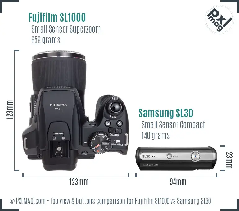 Fujifilm SL1000 vs Samsung SL30 top view buttons comparison