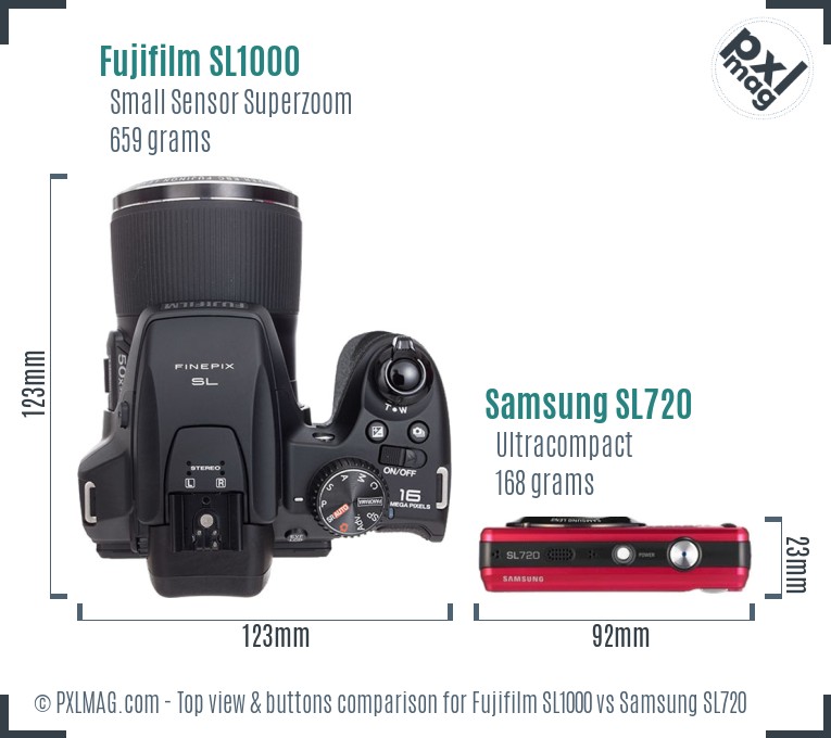 Fujifilm SL1000 vs Samsung SL720 top view buttons comparison