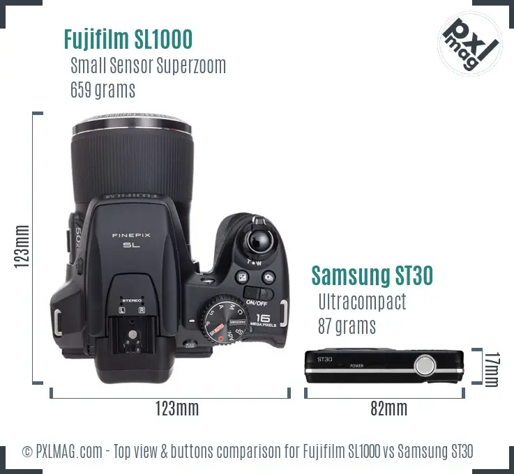 Fujifilm SL1000 vs Samsung ST30 top view buttons comparison