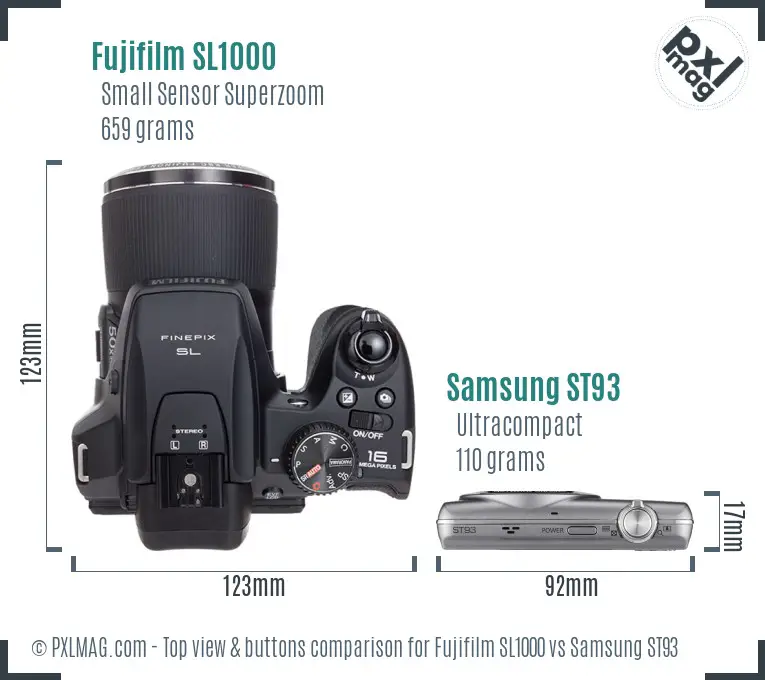 Fujifilm SL1000 vs Samsung ST93 top view buttons comparison Fujifilm SL1000 vs Samsung ST93 top view buttons comparison