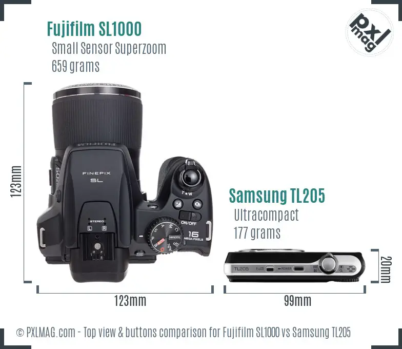 Fujifilm SL1000 vs Samsung TL205 top view buttons comparison