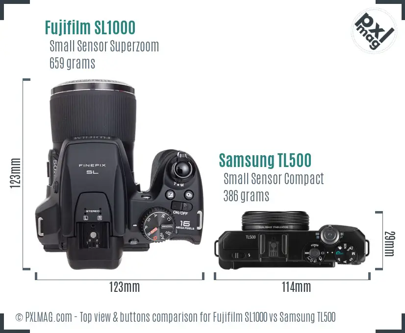 Fujifilm SL1000 vs Samsung TL500 top view buttons comparison