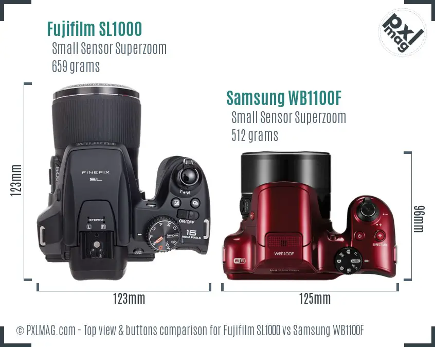 Fujifilm SL1000 vs Samsung WB1100F top view buttons comparison