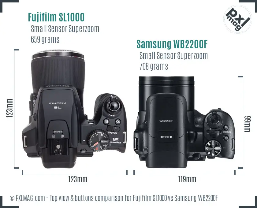 Fujifilm SL1000 vs Samsung WB2200F top view buttons comparison Fujifilm SL1000 vs Samsung WB2200F top view buttons comparison