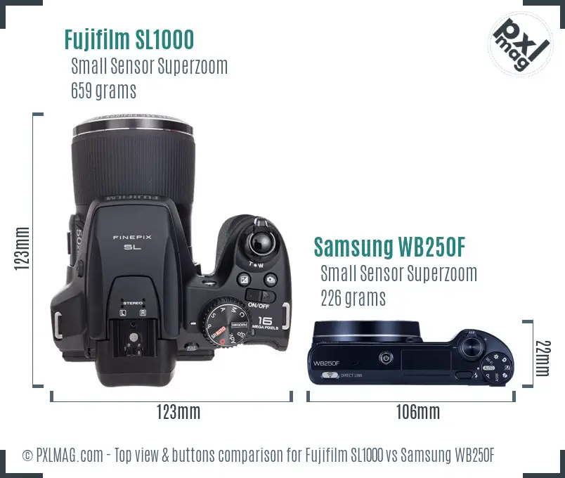 Fujifilm SL1000 vs Samsung WB250F top view buttons comparison