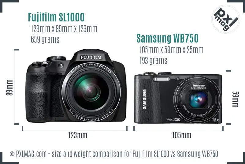 Fujifilm SL1000 vs Samsung WB750 size comparison