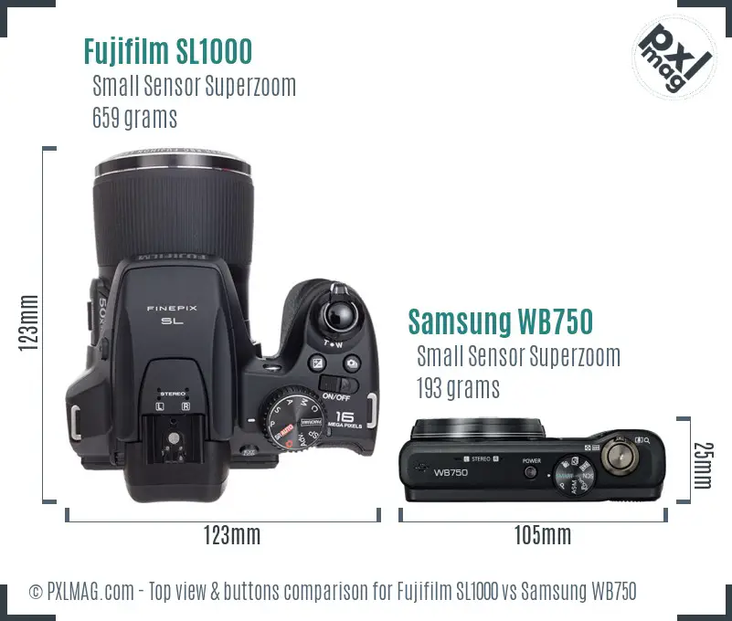 Fujifilm SL1000 vs Samsung WB750 top view buttons comparison
