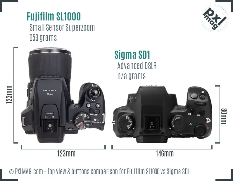 Fujifilm SL1000 vs Sigma SD1 top view buttons comparison