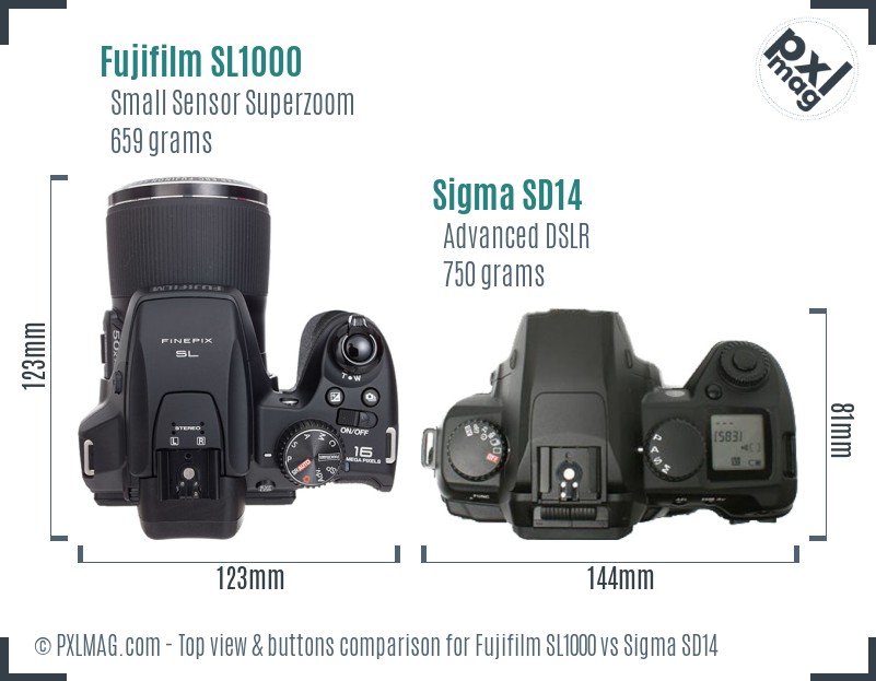 Fujifilm SL1000 vs Sigma SD14 top view buttons comparison