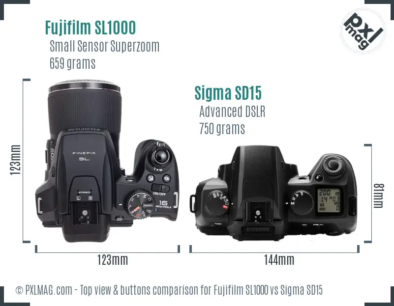 Fujifilm SL1000 vs Sigma SD15 top view buttons comparison