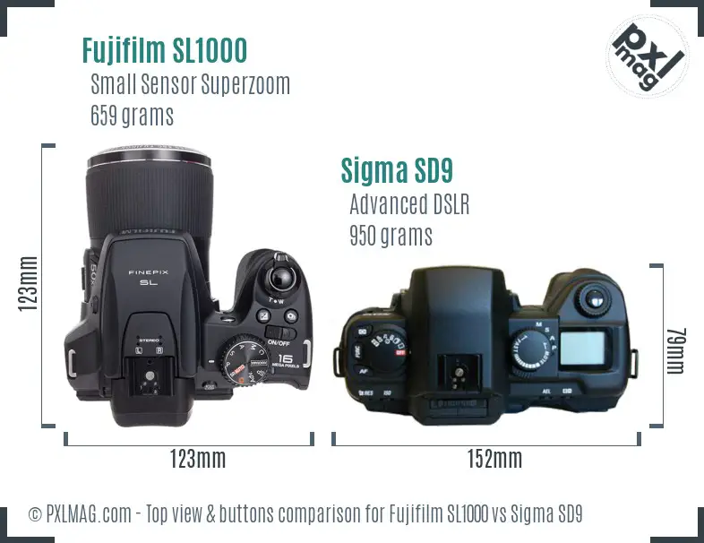 Fujifilm SL1000 vs Sigma SD9 top view buttons comparison