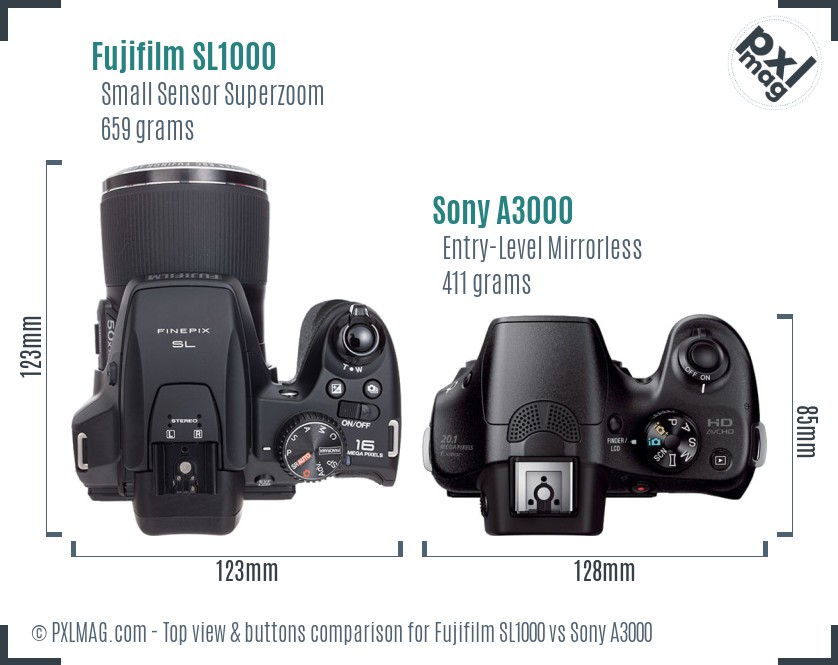 Fujifilm SL1000 vs Sony A3000 top view buttons comparison