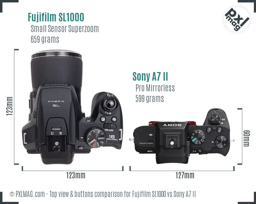 Fujifilm SL1000 vs Sony A7 II top view buttons comparison