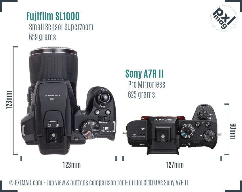 Fujifilm SL1000 vs Sony A7R II top view buttons comparison