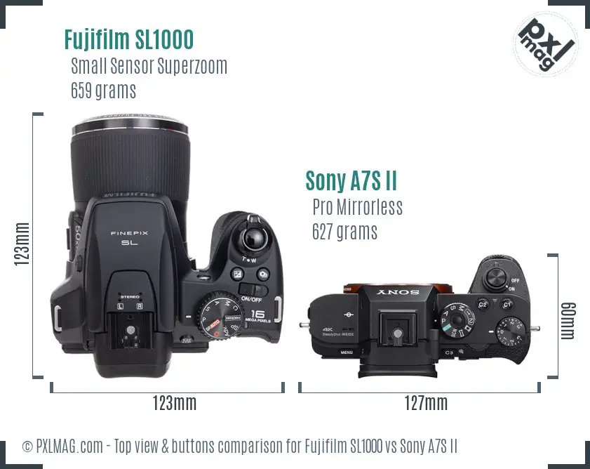 Fujifilm SL1000 vs Sony A7S II top view buttons comparison Fujifilm SL1000 vs Sony A7S II top view buttons comparison