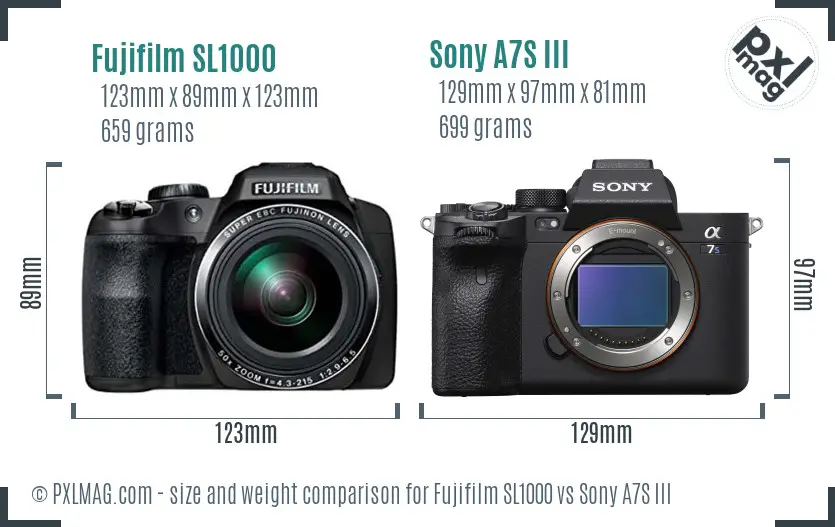 Fujifilm SL1000 vs Sony A7S III size comparison