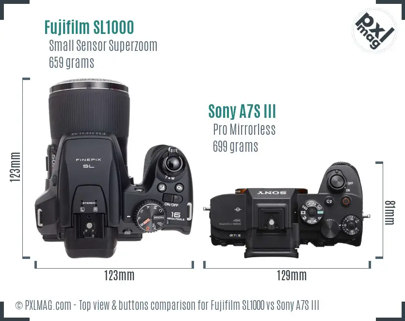 Fujifilm SL1000 vs Sony A7S III top view buttons comparison