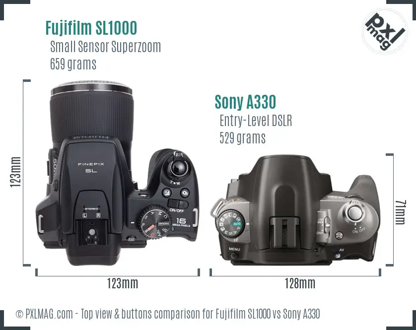 Fujifilm SL1000 vs Sony A330 top view buttons comparison