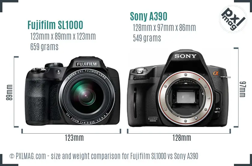Fujifilm SL1000 vs Sony A390 size comparison