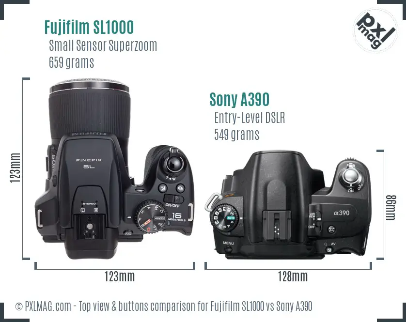 Fujifilm SL1000 vs Sony A390 top view buttons comparison