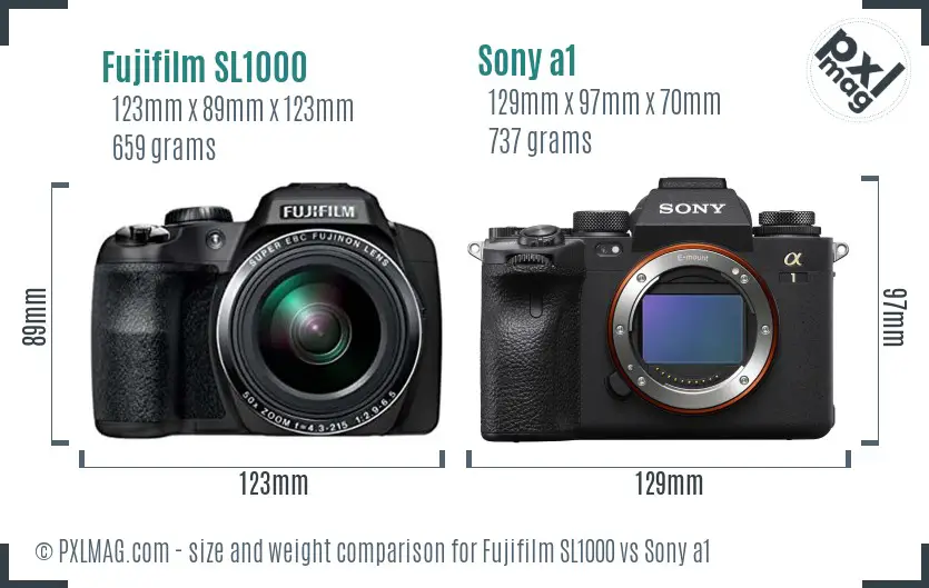 Fujifilm SL1000 vs Sony a1 size comparison