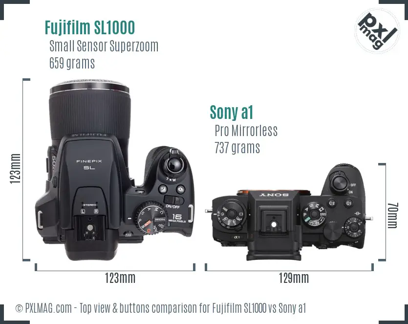 Fujifilm SL1000 vs Sony a1 top view buttons comparison