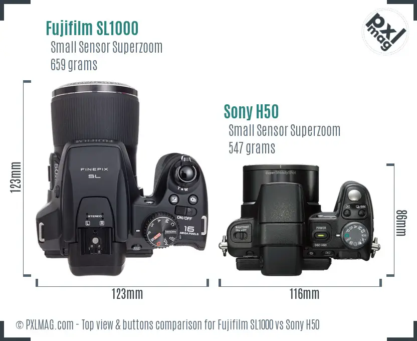 Fujifilm SL1000 vs Sony H50 top view buttons comparison Fujifilm SL1000 vs Sony H50 top view buttons comparison