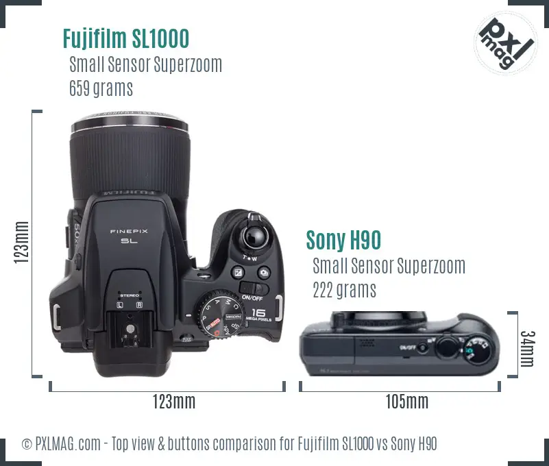 Fujifilm SL1000 vs Sony H90 top view buttons comparison