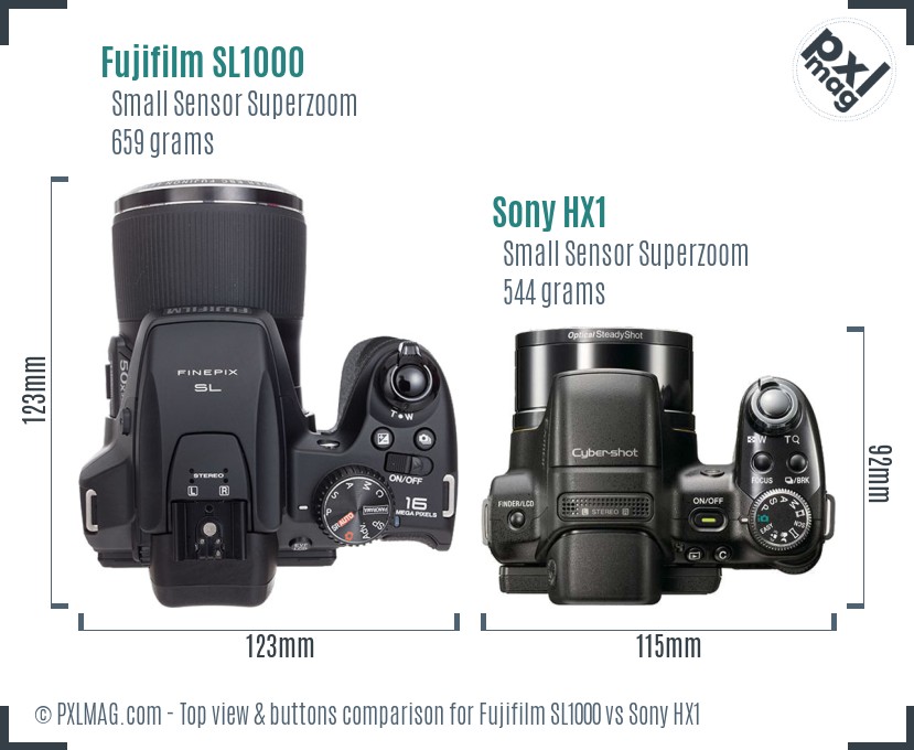 Fujifilm SL1000 vs Sony HX1 top view buttons comparison