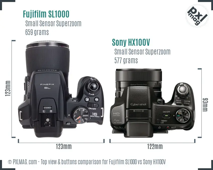 Fujifilm SL1000 vs Sony HX100V top view buttons comparison