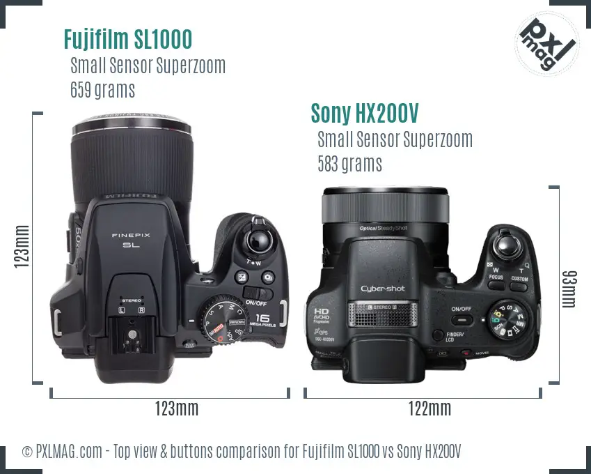 Fujifilm SL1000 vs Sony HX200V top view buttons comparison