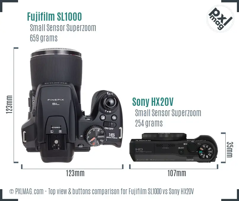 Fujifilm SL1000 vs Sony HX20V top view buttons comparison Fujifilm SL1000 vs Sony HX20V top view buttons comparison