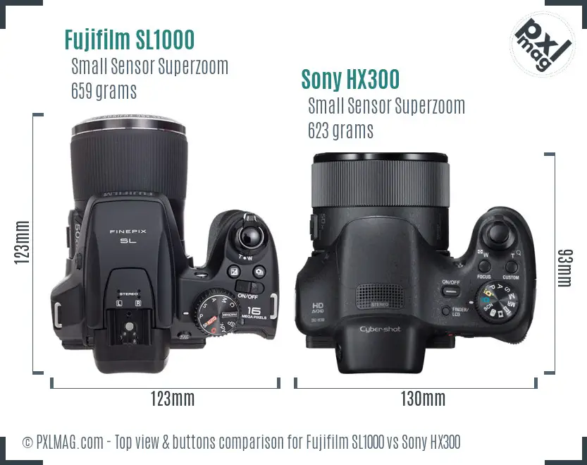 Fujifilm SL1000 vs Sony HX300 top view buttons comparison