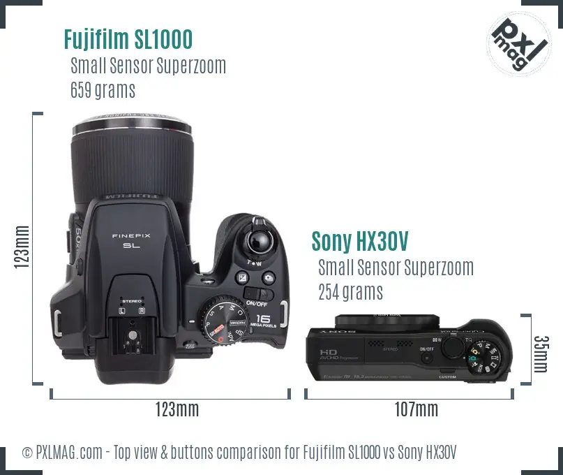 Fujifilm SL1000 vs Sony HX30V top view buttons comparison