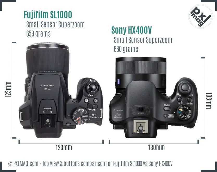 Fujifilm SL1000 vs Sony HX400V top view buttons comparison