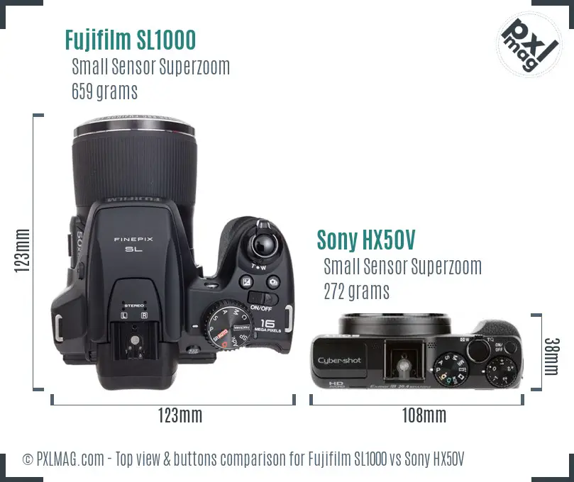 Fujifilm SL1000 vs Sony HX50V top view buttons comparison