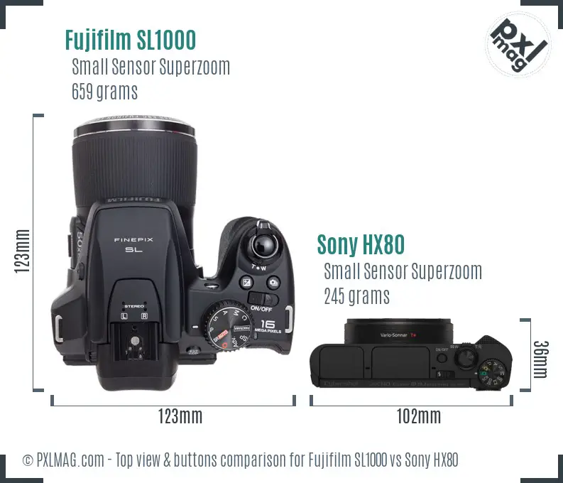 Fujifilm SL1000 vs Sony HX80 top view buttons comparison