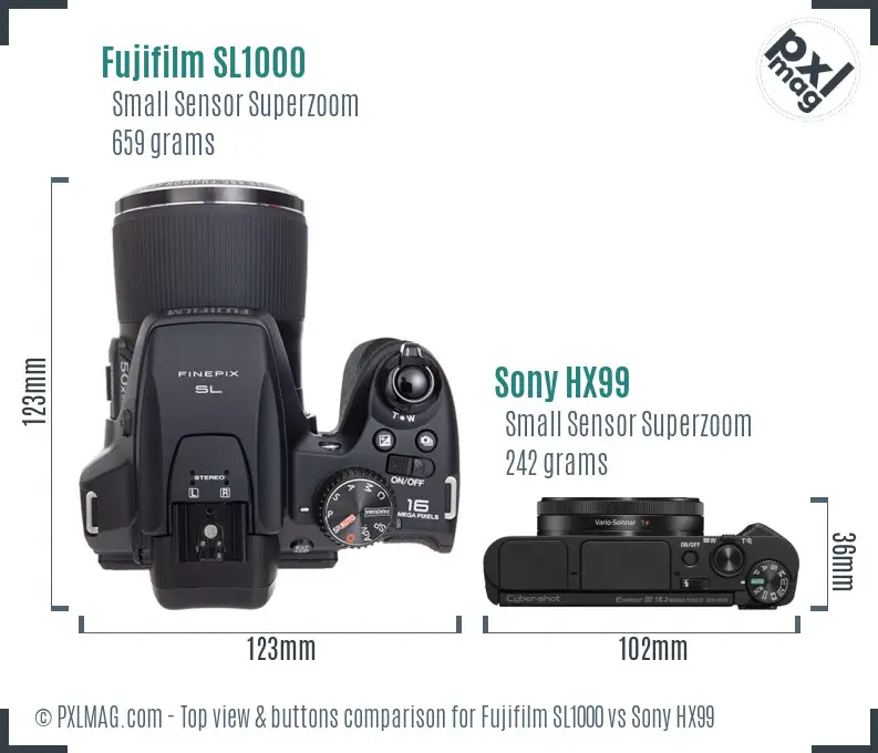Fujifilm SL1000 vs Sony HX99 top view buttons comparison