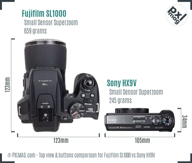 Fujifilm SL1000 vs Sony HX9V top view buttons comparison