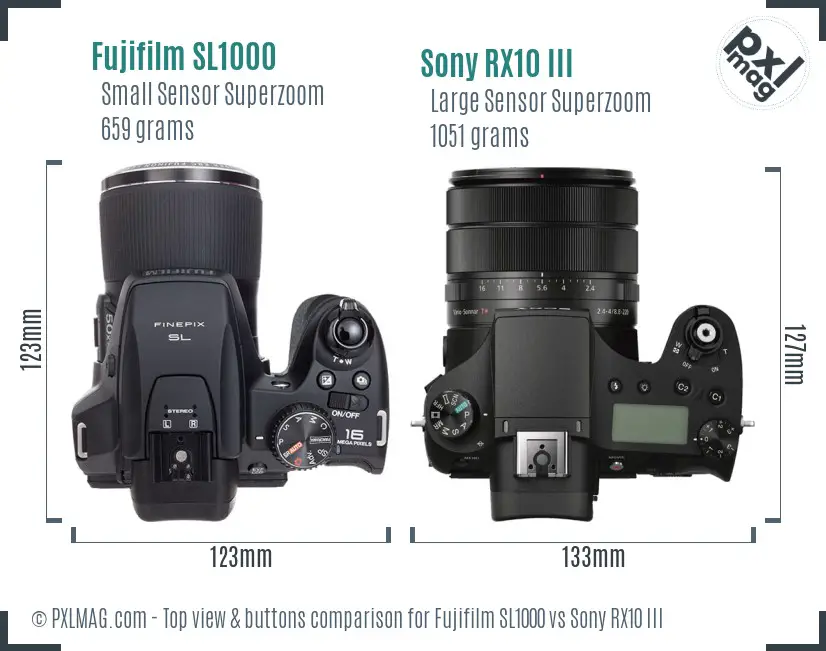 Fujifilm SL1000 vs Sony RX10 III top view buttons comparison