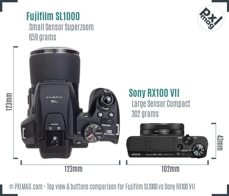 Fujifilm SL1000 vs Sony RX100 VII top view buttons comparison