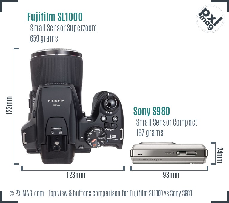 Fujifilm SL1000 vs Sony S980 top view buttons comparison